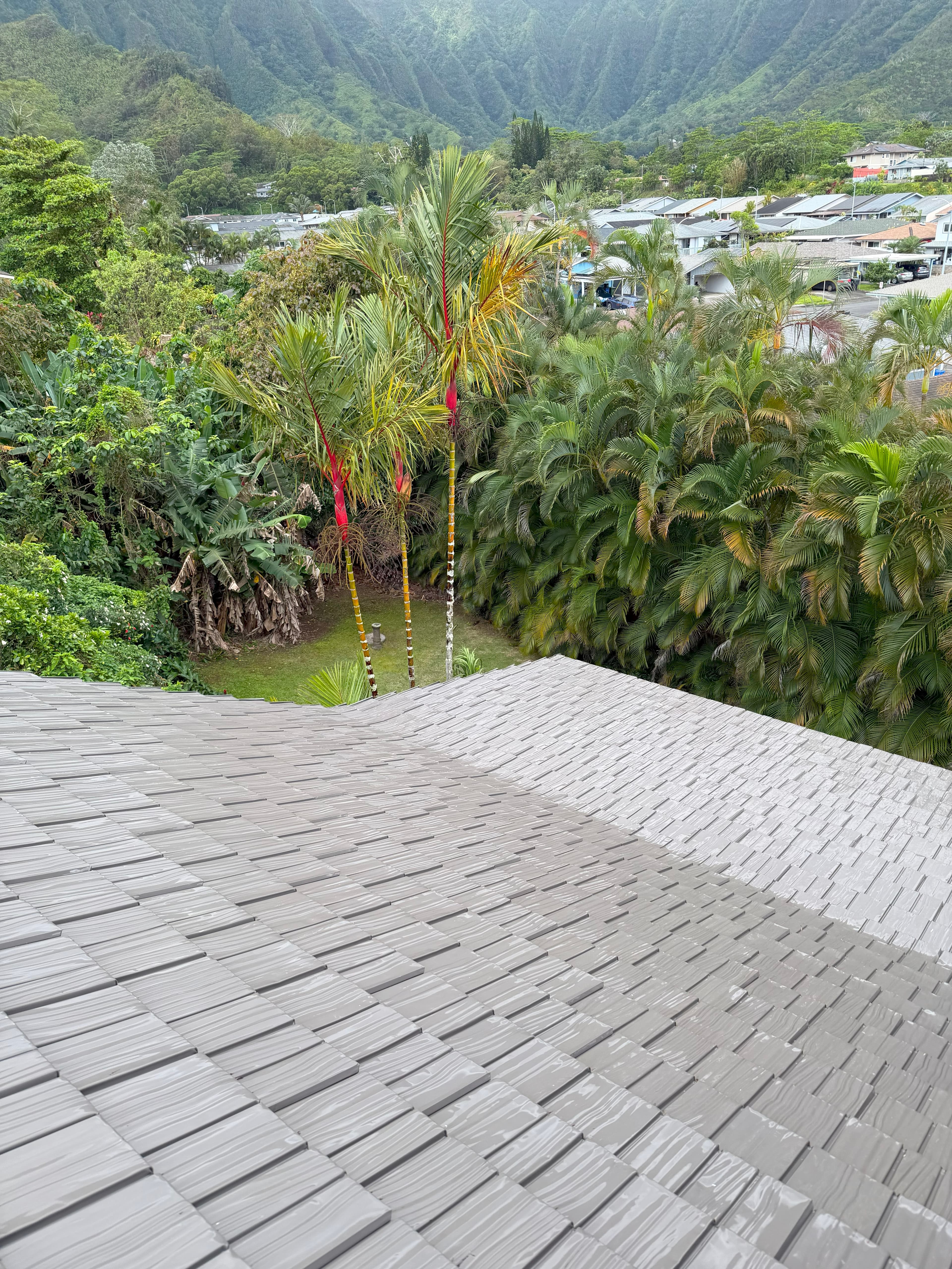 Roof after soft washing on Oahu Hawaii showing clean restored surface